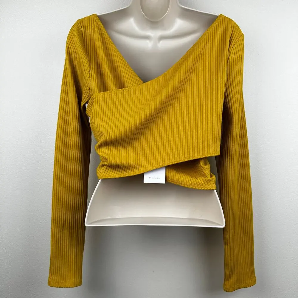 NEW Lovers + Friends Everly Top Ribbed Knit Crop Double V-Neck Mustard Yellow Lg